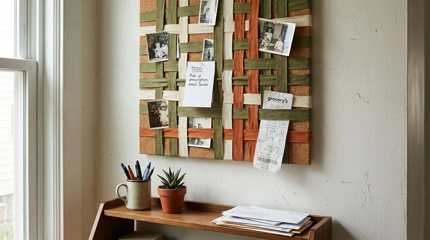 Woven ribbon memo board on a wall holding photos and notes above a desk.