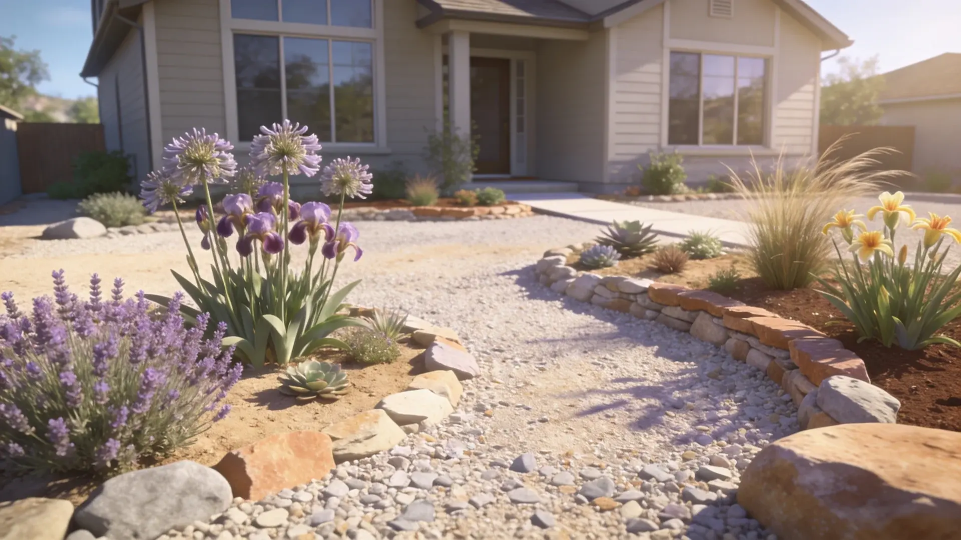 Xeriscape front yard with gravel, native plants, and drought-tolerant rock landscaping design.