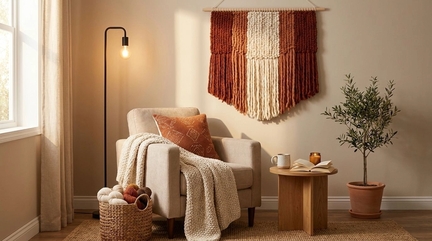 Fuzzy yarn loop wall hanging mounted above a cozy armchair.