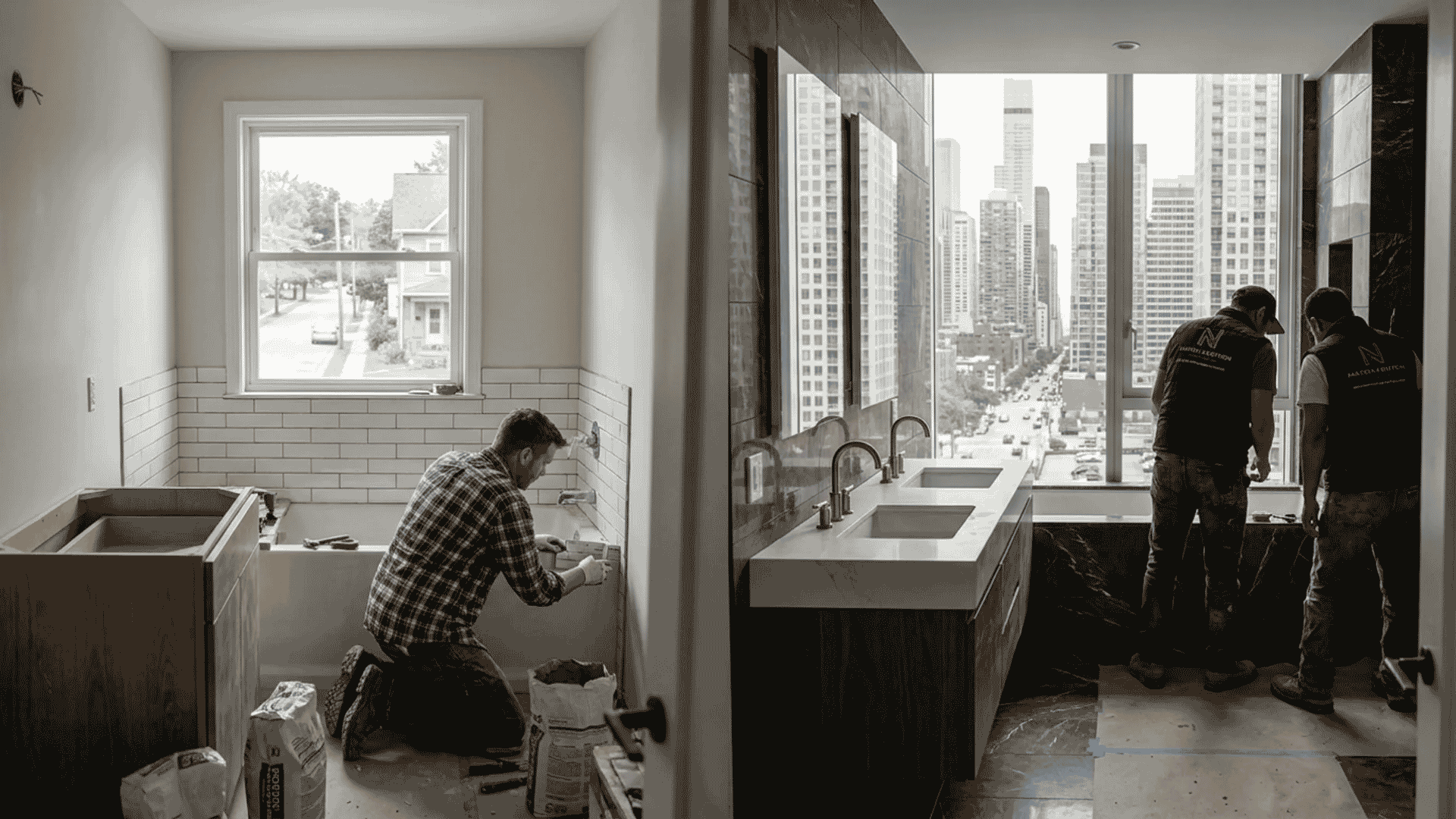 Side-by-side bathroom renovations: suburban home remodel and luxury city bathroom with skyline views.