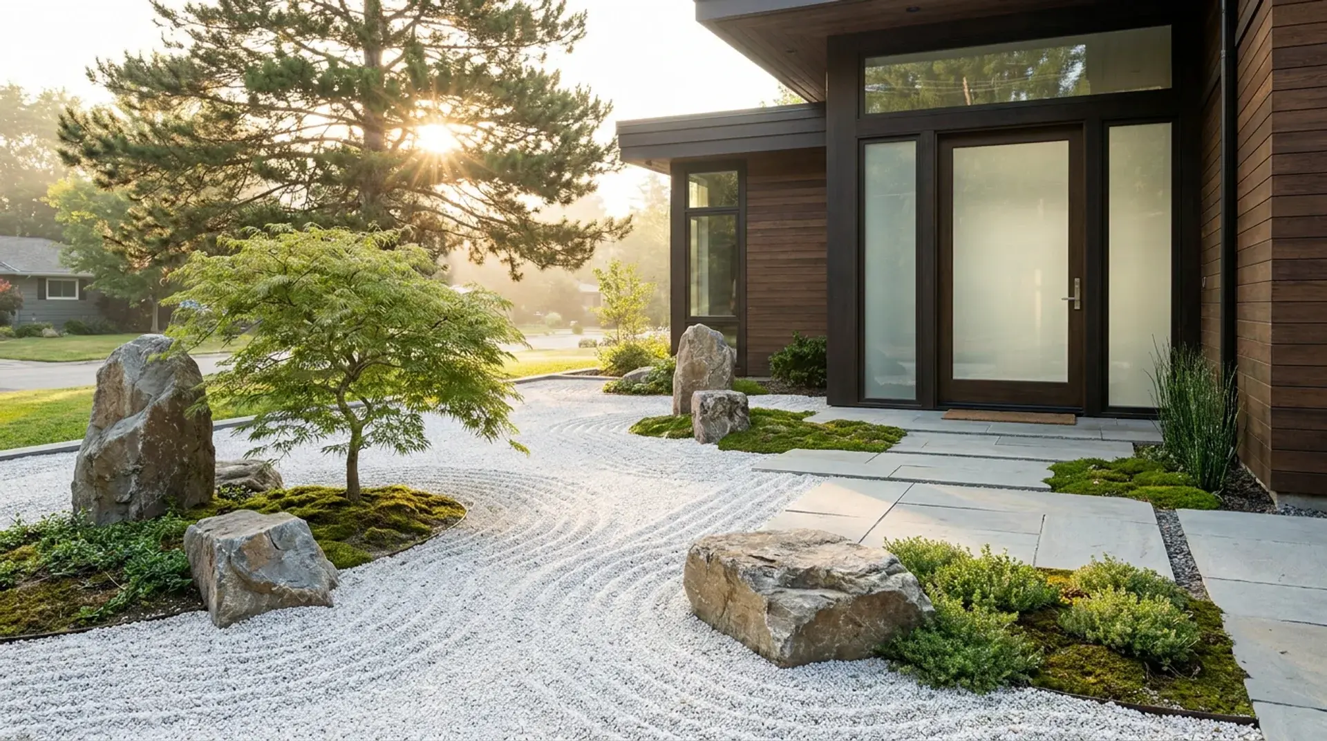 Zen-style front yard with raked gravel patterns and carefully placed rocks